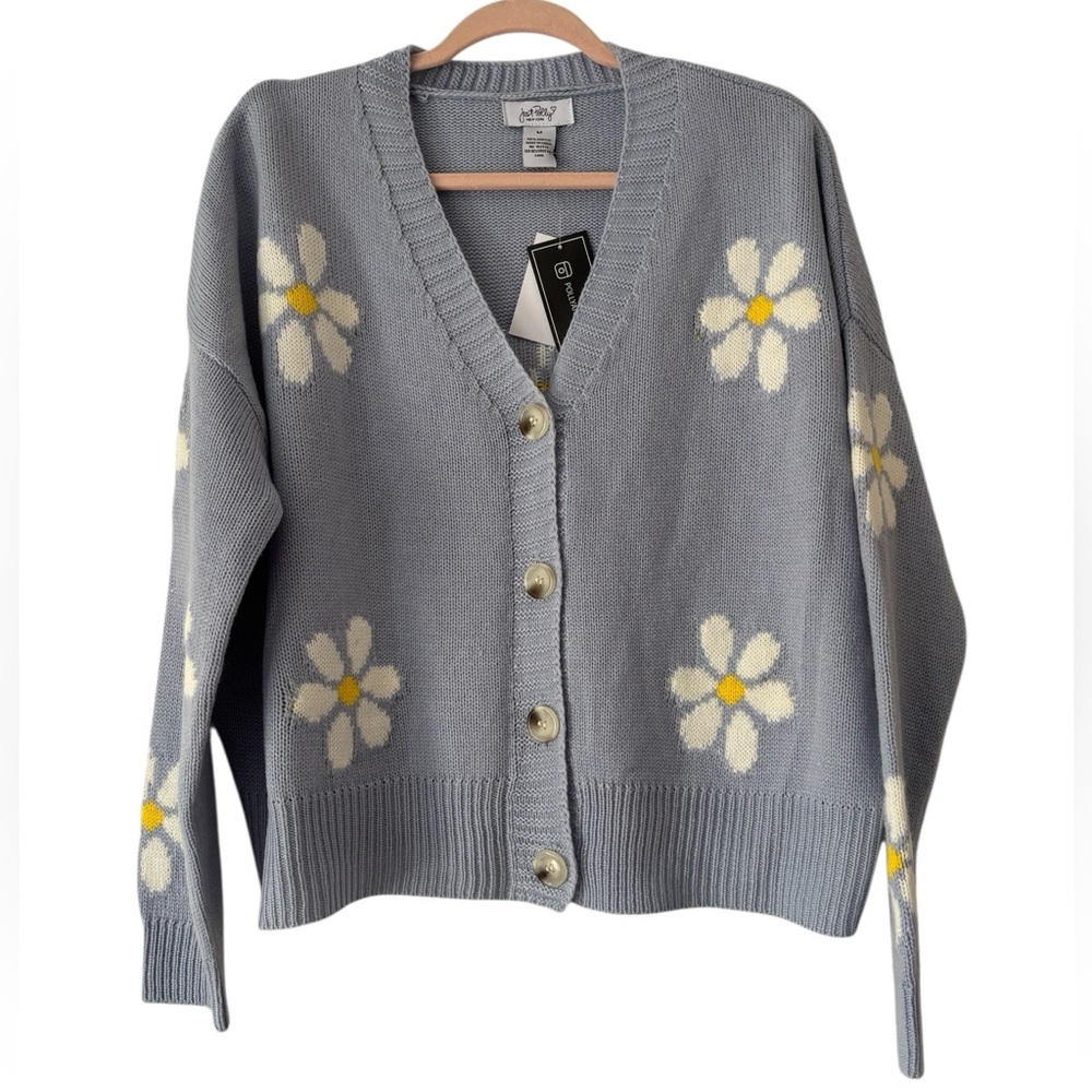 Just Polly Sky Blue Daisy Print Oversized Cardigan Button Front Sweater